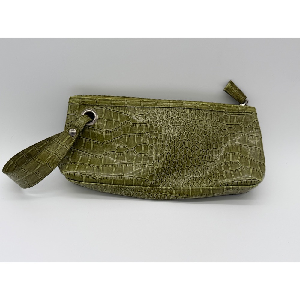 Elizabeth Arden Olive Green Croc Embossed Wristlet Clutch Bag Top Zip